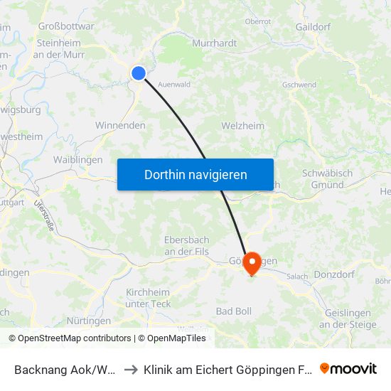 Backnang Aok/Waldhorn to Klinik am Eichert Göppingen Frauenklinik map