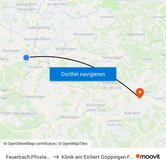 Feuerbach Pfostenwäldle to Klinik am Eichert Göppingen Frauenklinik map