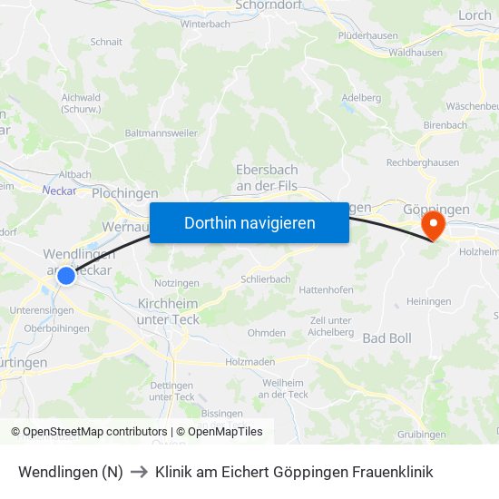 Wendlingen (N) to Klinik am Eichert Göppingen Frauenklinik map