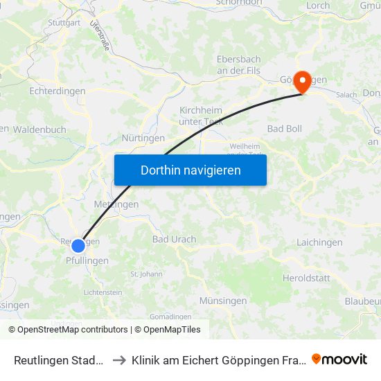 Reutlingen Stadtmitte to Klinik am Eichert Göppingen Frauenklinik map
