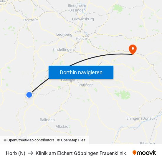 Horb (N) to Klinik am Eichert Göppingen Frauenklinik map