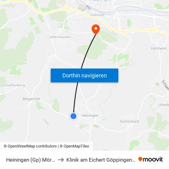 Heiningen (Gp) Mörikestraße to Klinik am Eichert Göppingen Frauenklinik map