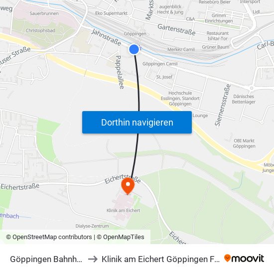 Göppingen Bahnhofssteg to Klinik am Eichert Göppingen Frauenklinik map