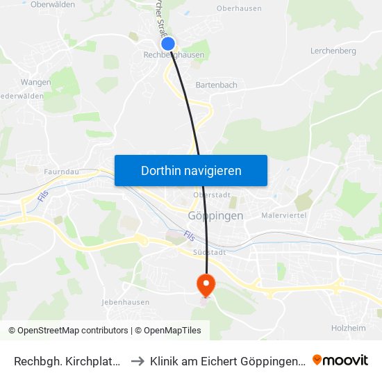 Rechbgh. Kirchplatz/Rathaus to Klinik am Eichert Göppingen Frauenklinik map