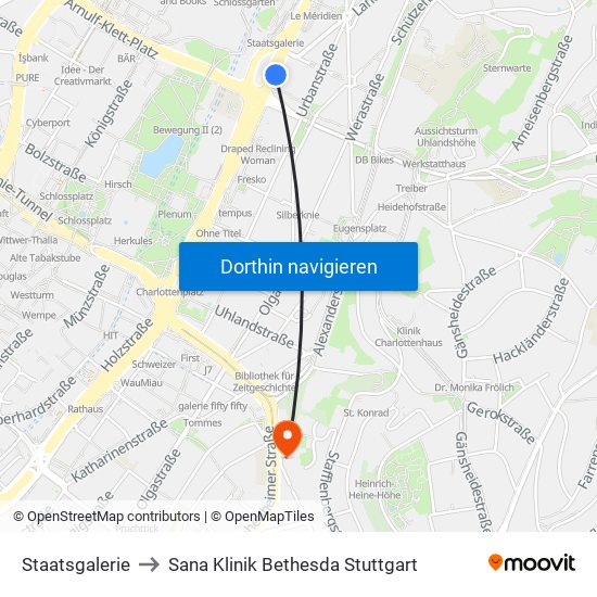 Staatsgalerie to Sana Klinik Bethesda Stuttgart map