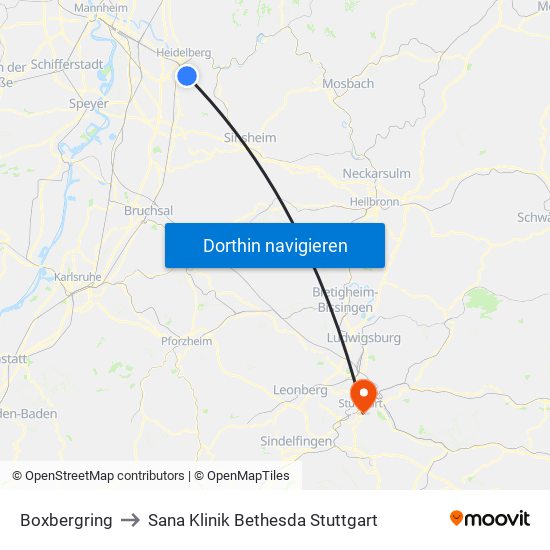 Boxbergring to Sana Klinik Bethesda Stuttgart map