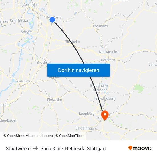 Stadtwerke to Sana Klinik Bethesda Stuttgart map