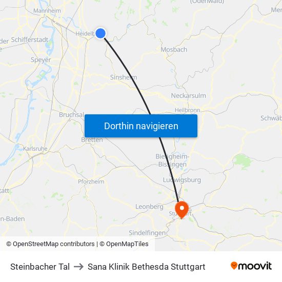 Steinbacher Tal to Sana Klinik Bethesda Stuttgart map