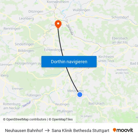 Neuhausen Bahnhof to Sana Klinik Bethesda Stuttgart map