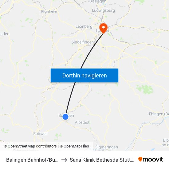 Balingen Bahnhof/Busbf to Sana Klinik Bethesda Stuttgart map