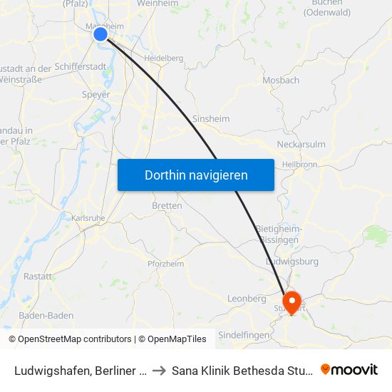 Ludwigshafen, Berliner Platz to Sana Klinik Bethesda Stuttgart map