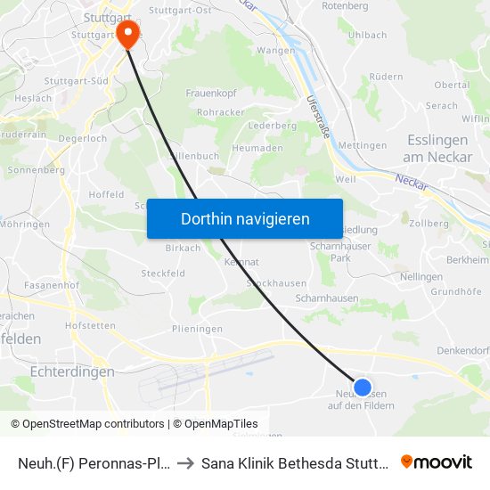 Neuh.(F) Peronnas-Platz to Sana Klinik Bethesda Stuttgart map