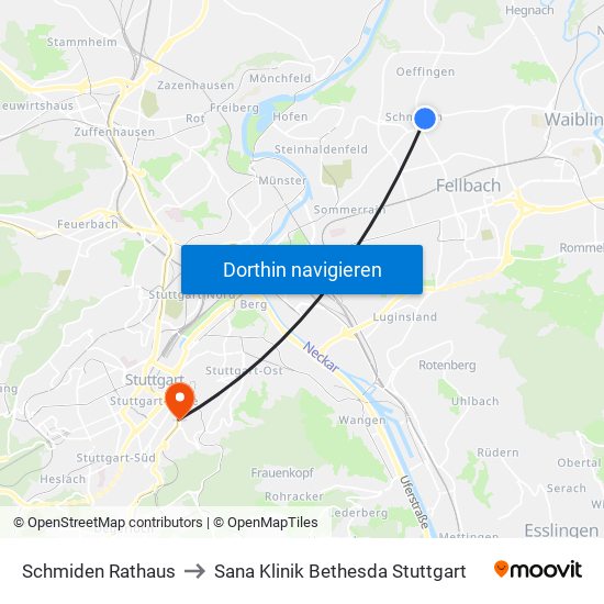 Schmiden Rathaus to Sana Klinik Bethesda Stuttgart map