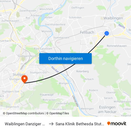 Waiblingen Danziger Platz to Sana Klinik Bethesda Stuttgart map