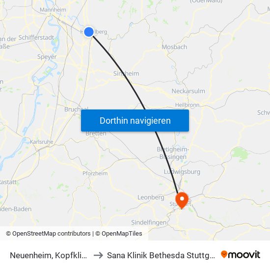 Neuenheim, Kopfklinik to Sana Klinik Bethesda Stuttgart map