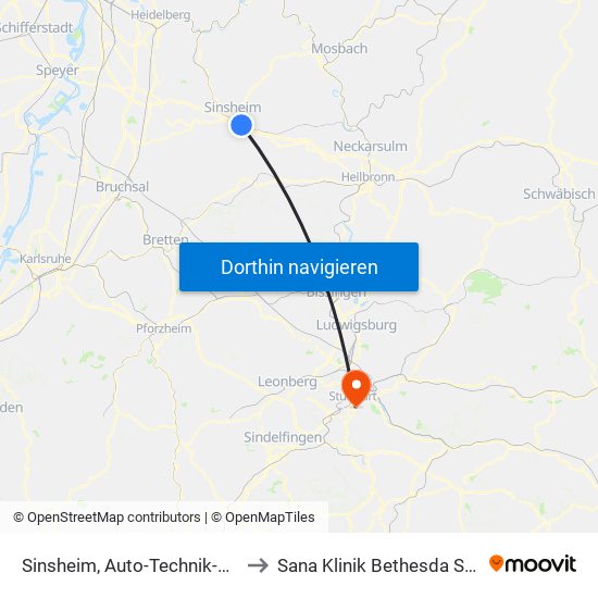 Sinsheim, Auto-Technik-Museum to Sana Klinik Bethesda Stuttgart map