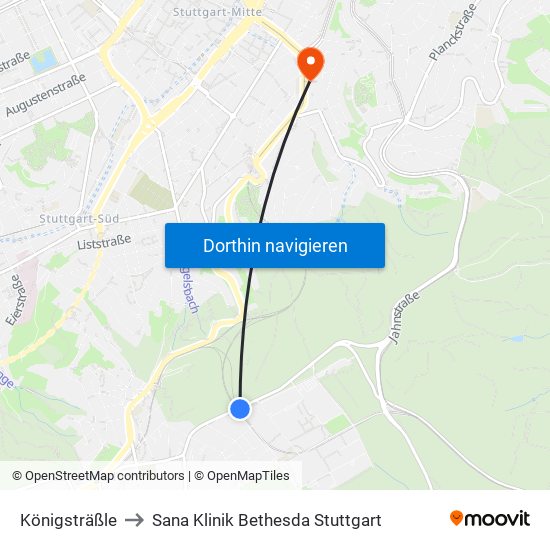 Königsträßle to Sana Klinik Bethesda Stuttgart map