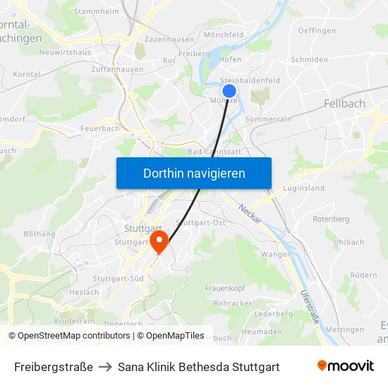 Freibergstraße to Sana Klinik Bethesda Stuttgart map