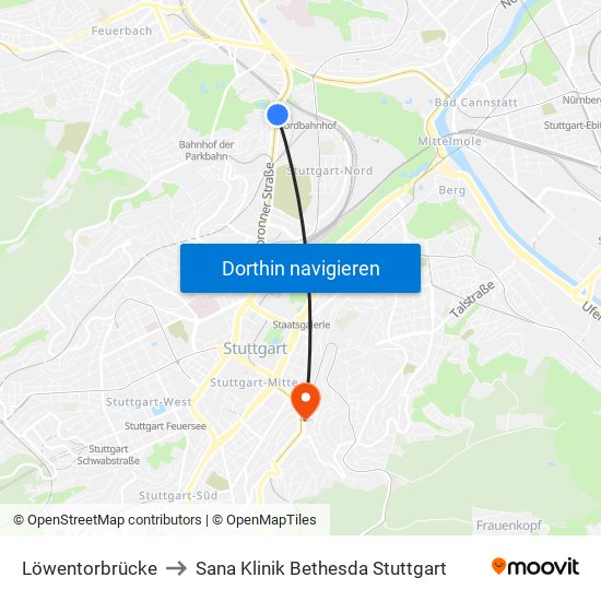 Löwentorbrücke to Sana Klinik Bethesda Stuttgart map