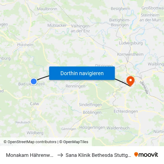 Monakam Hährenwald to Sana Klinik Bethesda Stuttgart map