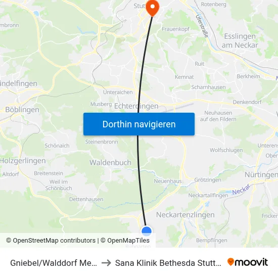 Gniebel/Walddorf Metric to Sana Klinik Bethesda Stuttgart map