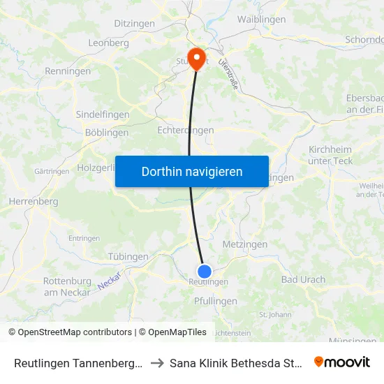 Reutlingen Tannenberger Str. to Sana Klinik Bethesda Stuttgart map