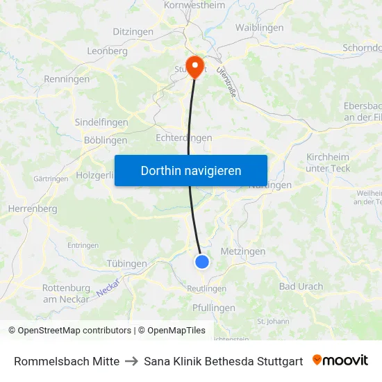 Rommelsbach Mitte to Sana Klinik Bethesda Stuttgart map
