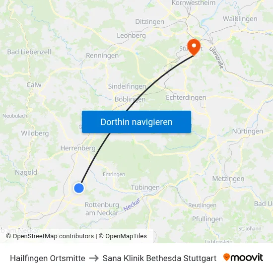 Hailfingen Ortsmitte to Sana Klinik Bethesda Stuttgart map