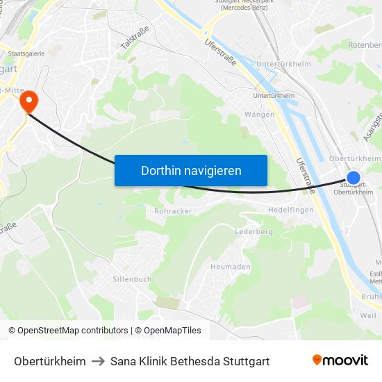 Obertürkheim to Sana Klinik Bethesda Stuttgart map
