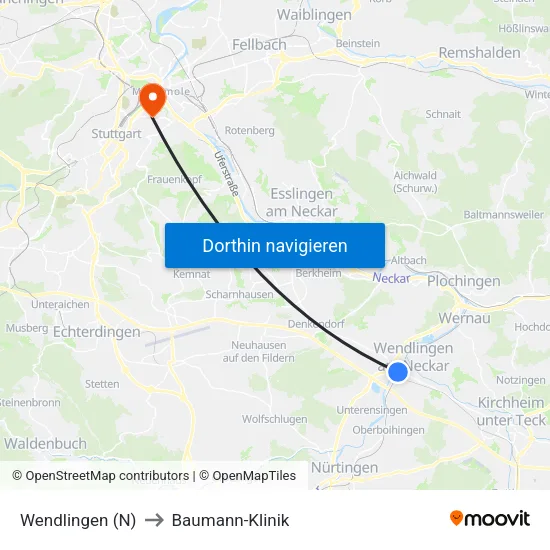 Wendlingen (N) to Baumann-Klinik map