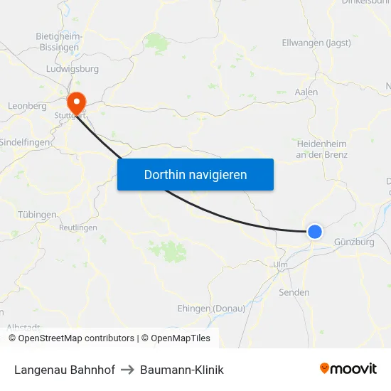 Langenau Bahnhof to Baumann-Klinik map