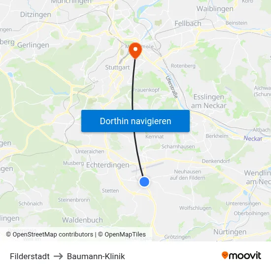 Filderstadt to Baumann-Klinik map