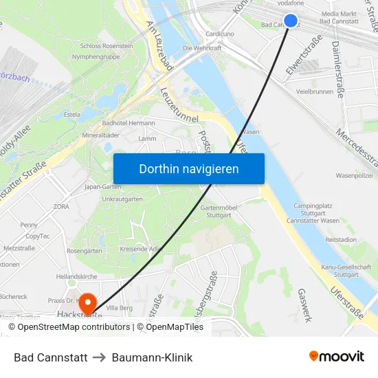 Bad Cannstatt to Baumann-Klinik map