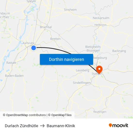 Durlach Zündhütle to Baumann-Klinik map