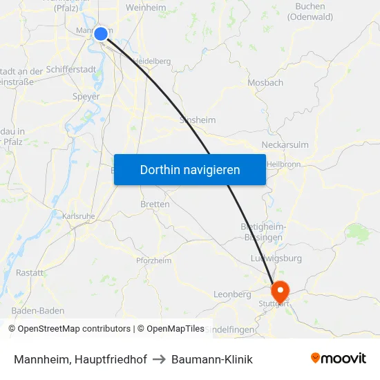 Mannheim, Hauptfriedhof to Baumann-Klinik map