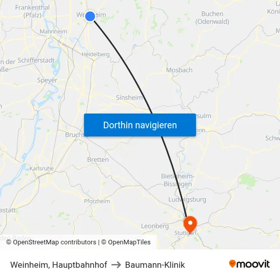 Weinheim, Hauptbahnhof to Baumann-Klinik map