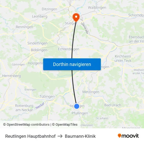Reutlingen Hauptbahnhof to Baumann-Klinik map