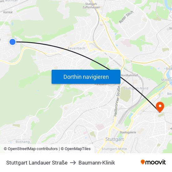 Stuttgart Landauer Straße to Baumann-Klinik map