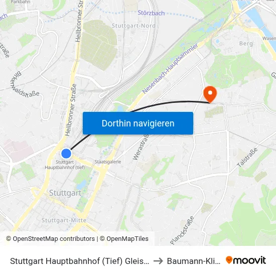 Stuttgart Hauptbahnhof (Tief) Gleis 101 to Baumann-Klinik map