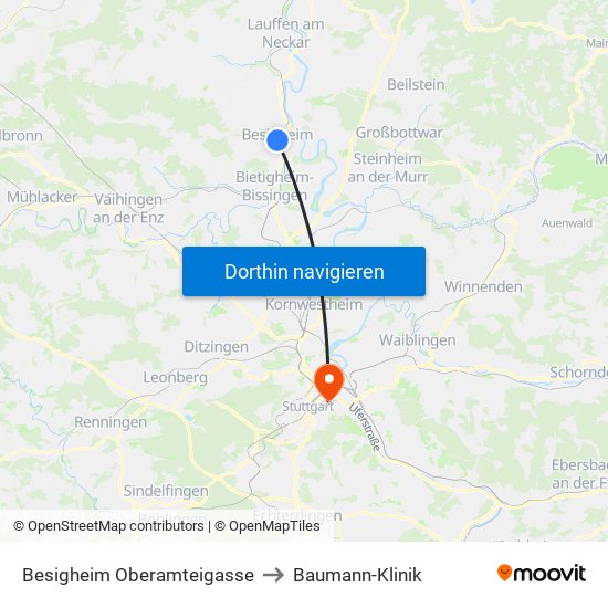Besigheim Oberamteigasse to Baumann-Klinik map