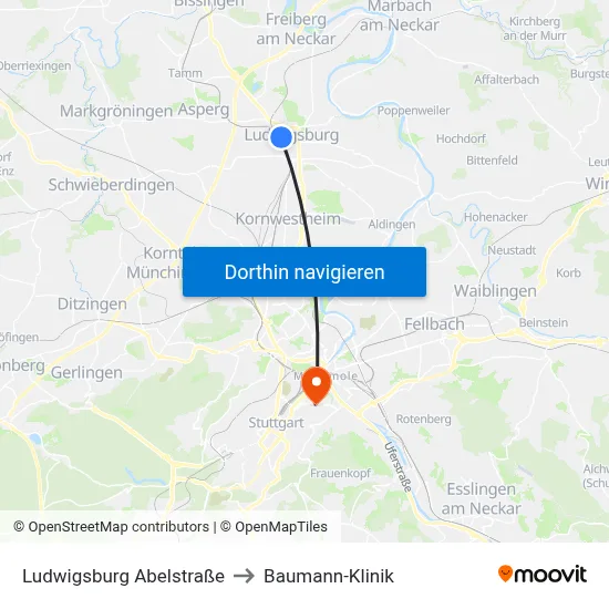 Ludwigsburg Abelstraße to Baumann-Klinik map