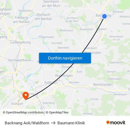 Backnang Aok/Waldhorn to Baumann-Klinik map