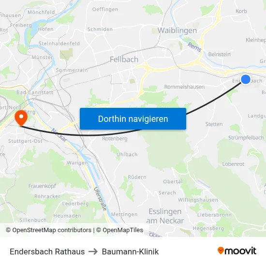 Endersbach Rathaus to Baumann-Klinik map