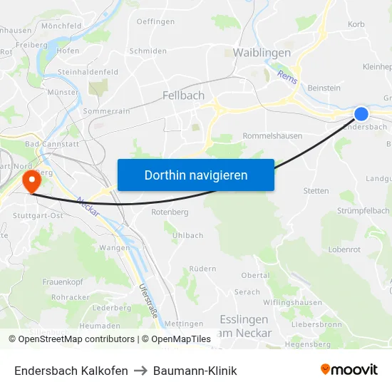 Endersbach Kalkofen to Baumann-Klinik map