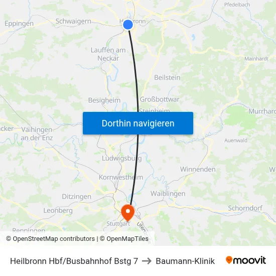 Heilbronn Hbf/Busbahnhof Bstg 7 to Baumann-Klinik map