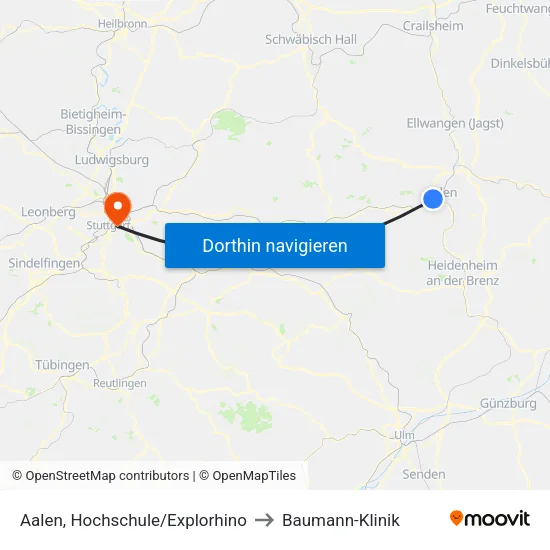 Aalen, Hochschule/Explorhino to Baumann-Klinik map