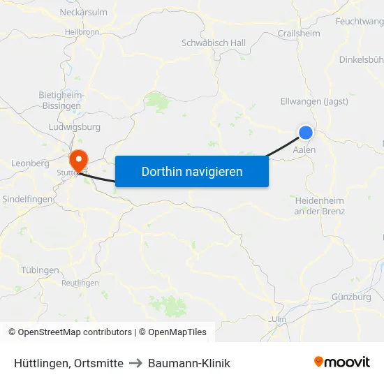 Hüttlingen, Ortsmitte to Baumann-Klinik map