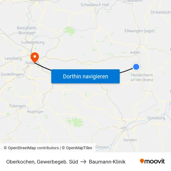 Oberkochen, Gewerbegeb. Süd to Baumann-Klinik map