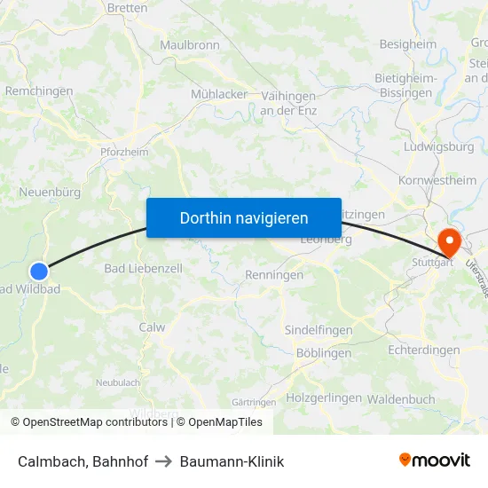 Calmbach, Bahnhof to Baumann-Klinik map