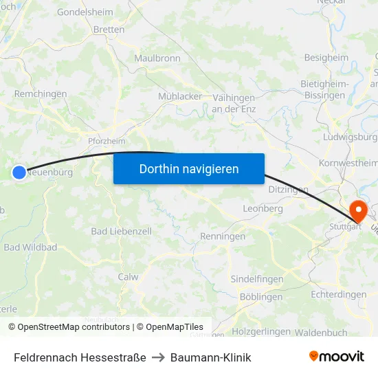Feldrennach Hessestraße to Baumann-Klinik map